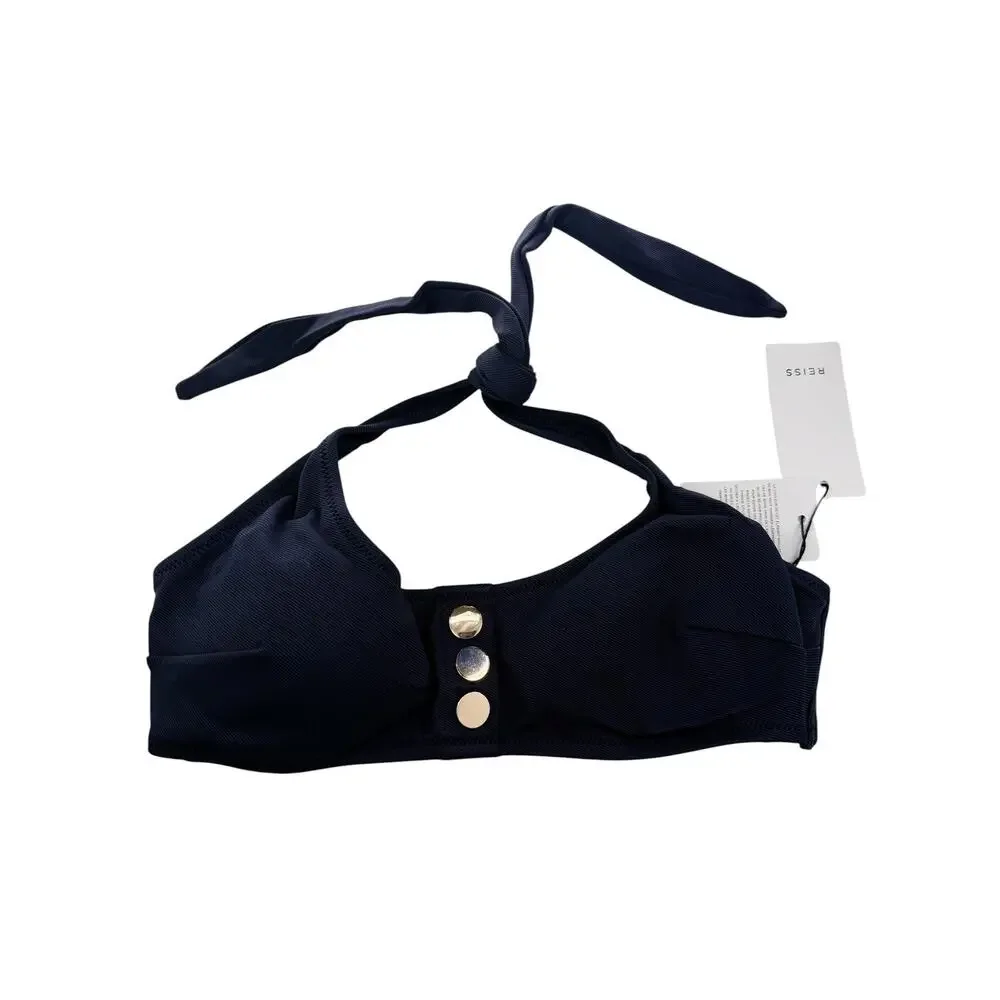 REISS Bathing Suit Top Size 4 NEW Navy Blue Bikini Halter Bailey Button Swimwear